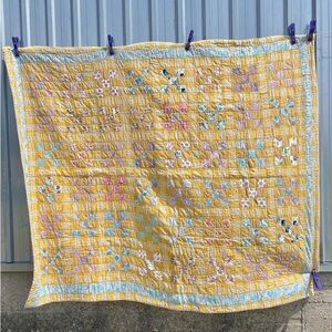 Vintage Feedsack 1940s Cotton Mustard Yellow Patchwork Quilt Blanket Beautiful